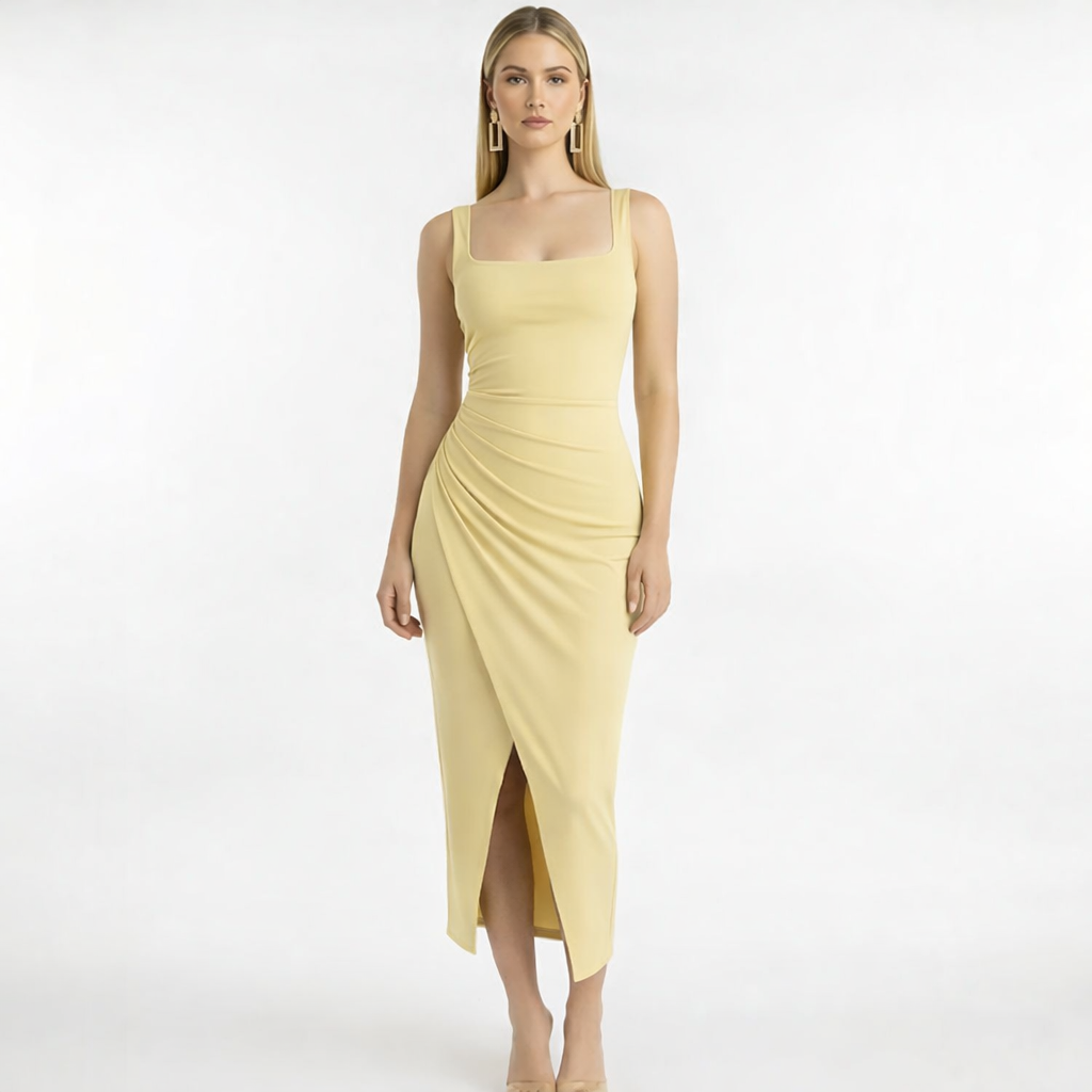 Yellow Square Neck Solid Sheath Dress